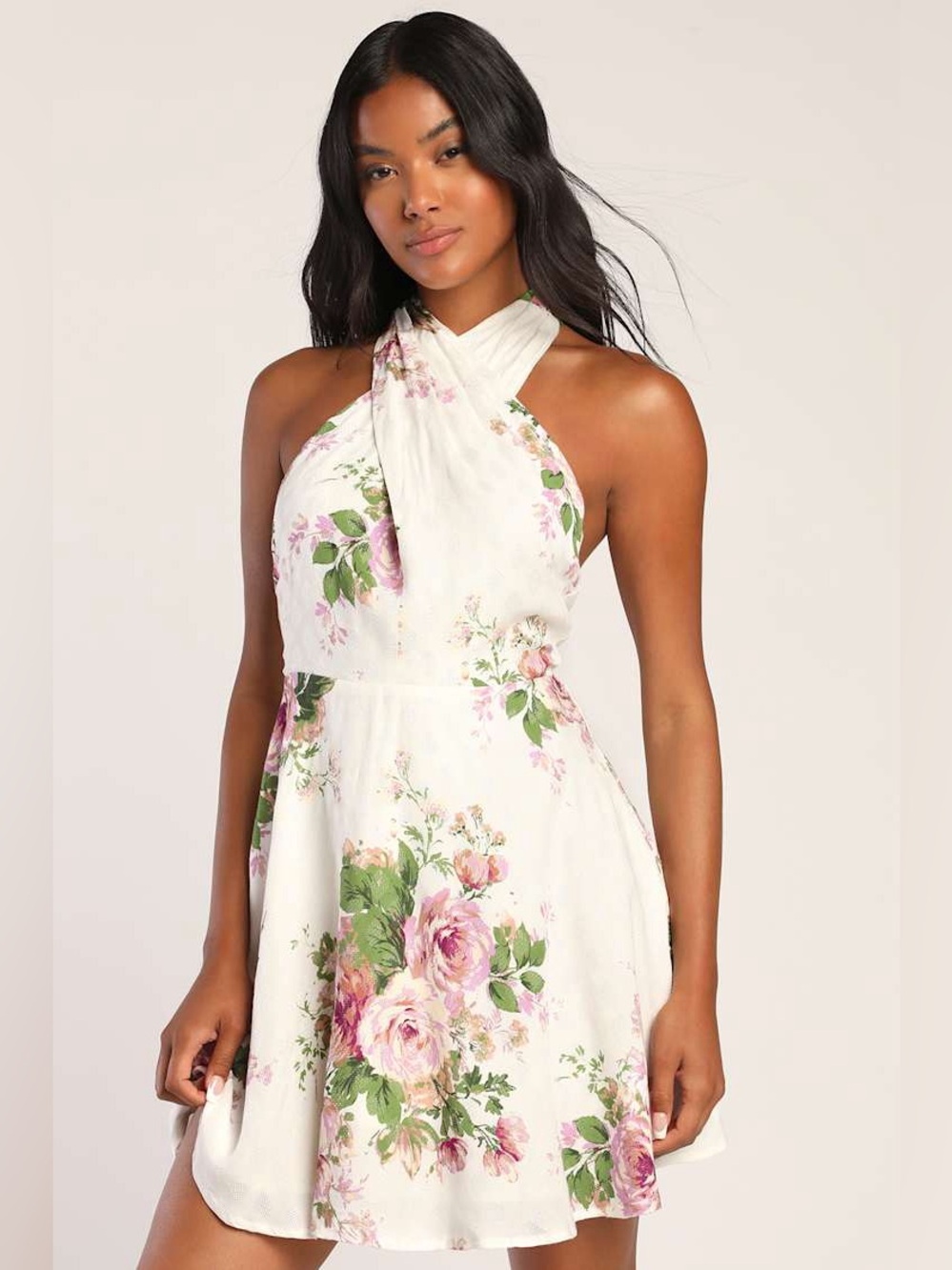 Own the Day Ivory Floral Jacquard Cross-Front Halter Mini Dress